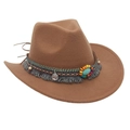 Brown wool felt cowboy hat with braided band, gray tassels, beads and metal coins - M (56-58cm) / New Khaki
