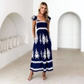 Navy blue boho print tube dress with elastic waist and ruffled sleeves for beach - S / Dark Blue