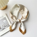 Elegant ivory square scarf with golden brown stripes and floral letter print details - Khaki FLOWER Pattern