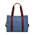 Borsa tote in denim blu con strisce rosse, manici in pelle e logo dorato in metallo - Denim Blu Scuro