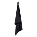 Detail of waffle-weave microfiber golf towel with black leather hanging loop and magnetic snap - Black