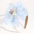 Detail of blue chiffon flower headband with sparkling rhinestones and metal wire weaving - Blue