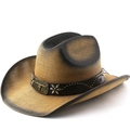 Classic western cowboy straw hat with bull head emblem and vintage gradient sun protection - M (56-58cm) / Coffee