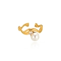 Adjustable wavy gold ring with elegant white pearl and sparkling zircon stone - Wave Pearl Rhinestone Open Style (G7217)