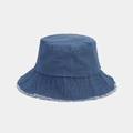 Detail shot of distressed blue denim bucket hat with raw frayed edge and vintage wash - M / Medium Blue