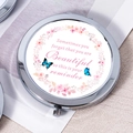 Silver portable makeup mirror with pink floral wreath and inspirational quote - Blue Butterfly Inspirational
