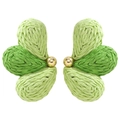 Detail of green raffia woven earrings with golden bead center and intricate craft textures - Light Emerald Green Two-Tone Woven Butterfly Earrings