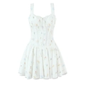 French style floral slip dress in white with lace trim and drawstring sweetheart neck - S / White Floral