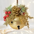 Golden Christmas bell ornament with glitter pinecone and red berries on ribbon - Pine Cone Decoration Style / Gold Bell with Pine Cone