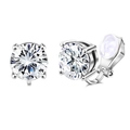 Detail of silver alloy clip-on earrings featuring large round cubic zirconia in 4-prong setting - Silver Round Zirconia