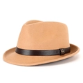 Classic camel wool felt jazz fedora hat with brown leather band and gold M buckle - 56-58CM(M) / Khaki-Coffee Belt