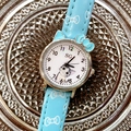 Cute cartoon cat quartz watch for girls with light blue leather strap and silver case - Sky Blue