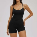 Women's black two-piece yoga set featuring U-neck camisole and high-waisted shorts - S / Vest 2 + Shorts — Premium Black