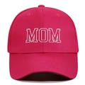 Close-up of white MOM embroidery on a rose red cotton twill baseball cap with stitching detail - Adjustable / Rose Red MOM