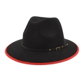 Classic black wool fedora hat with red brim trim and leather belt with gold buckle - M (56-58cm) / Black
