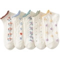 Five pairs of white low-cut mesh socks with colorful wavy edges and flower embroidery - Floral Women Short Socks / White