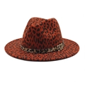 Chapeau fedora en laine à motif léopard avec large bord et boucle dorée élégante - M (56-58cm) / Bordeaux