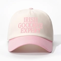 Detailed close-up of pink Irish Goodbye Expert embroidery on a two-tone baseball cap - Off-white and Pink