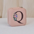 Portable pink PU leather jewelry box with zipper and floral letter Q print - Print Q