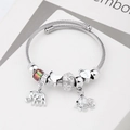Silver beaded bracelet with elephant and heart charms on open twisted cable chain - C1-014 White