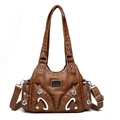 Deep brown soft PU leather multi-pocket tote bag with silver flower zippers - Caramel color