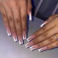 Pink french tip coffin press-on nails with white V-shape and single rhinestone accents - M215 French Rhinestone