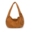 Brown suede hobo shoulder bag with silver rivets and heart-shaped pendant detail - Brown
