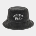 Detail of embroidered Limited Edition 1990 text on washed black cotton bucket hat - 1990 Embroidery Style (Washed Black)