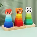 Rainbow tower wooden toys with cute fox, tiger, and panda heads in macaron colors - Animal 3-Set Tower (A)