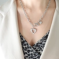 Silver OT buckle heart pendant necklace with chunky chain and hollow heart charm - Steel Color (P1045)
