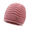Pink knit beanie with cat ears featuring fluffy mohair texture and clover charm - One Size / Dusty Pink