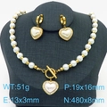 Golden heart pearl OT buckle necklace and earrings set with crystal inlay on black display - Gold Full Pearl Heart Jewelry Set