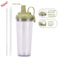 Green lid double wall straw cup with magnetic handle and wide 1.2cm boba straw - 24oz / Matcha Green
