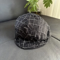 Detail of black linen plaid beret showing white grid stitching and retro fabric texture - M (56-58cm) / Black