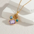 18K gold stainless steel necklace with geometric colorful zircon pendant on white stones - Purple Geometric Necklace