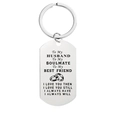 Close-up of engraved stainless steel dog tag keychain with romantic love quotes - AY012 (To My Husband - Rings)