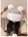 Winter plush trapper hat in white and grey with cute faux fur pom-poms and earflaps - Rendered Four Pom Plush Hat / White