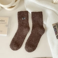 Dark brown coral fleece socks with cute cartoon eye embroidery for winter warmth - One Size / Coffee