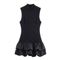 Elegantes schwarzes ärmelloses Spitzen-Minikleid mit Stehkragen und Satin-Volant-Saum - XS / Schwarz
