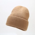 Detail of khaki ribbed knit beanie showing fine wool texture and wide fold-over cuff - One Size / Camel
