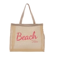 Large capacity khaki mesh beach tote bag with pink Beach Vibes printed text - Khaki With Pink Lettering