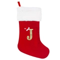 Close-up of red velvet Christmas stocking with gold letter J and festive plush trim - Large Letter J / 20 inch