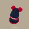 Kids navy blue balaclava knit hat with red piping, dual pom-poms, and fleece lining - Navy Blue Double-sided Beanie (for Ages 2-6)