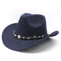 Dark blue felt cowboy hat with ethnic beaded band and silver charms on white background - M (56-59cm) / Navy Blue