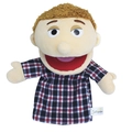 Family hand puppet toy with brown curly hair and red plaid shirt on white background - Half Body Father