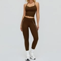 Ensemble de yoga marron foncé pour femme avec haut de sport et legging à rayures blanches - S / Débardeur + Pantalon Long / Brun Chocolat