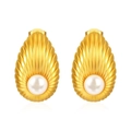 18K gold plated stainless steel scallop shell earrings with elegant white pearl inlays - Oval Striped Gold Earrings with White Faux Pearls (MS-492)