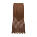 Gonna midi marrone in raso e pizzo con elegante spacco e bordo smerlato rifinito - Taglia S / Marrone chiaro