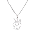 Minimalist silver stainless steel necklace with geometric owl pendant on white background - Owl Pendant / Silver