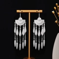 Bohemian silver tassel earrings with ethnic pattern and feather charms on gold stand - Fan Shape Feather Tassel Style E2499-1